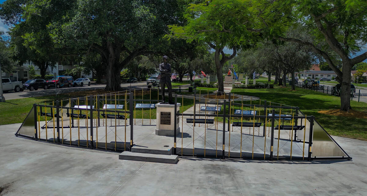 View of the Centennial Legacy - The Glenn Curtiss & June Bug Legacy Memorial, to honor aviation pioneer and city founder Glenn Hammond Curtiss, by Cuban American sculptor Natalie Plasencia Calvo, who was born in Hialeah and raised in Miami Springs, on Thursday August 28, 2026.